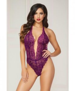Floral Lace Teddy Halter Ties & Snap Crotch Purple O/S