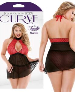 Curve Valentina Halter Keyhole Front Babydoll & Matching Panty Red/black 1x/2x