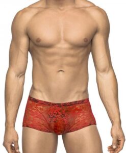 Male Power Stretch Lace Mini Short Red Medium