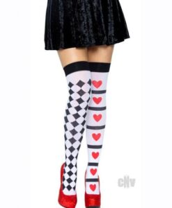 Harlequin Heart Thigh High Os Wht/red