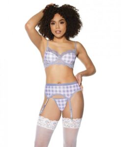 Crystal Pink Buffalo Check Print, Bra, Garter Belt & String Grey/pink Lg