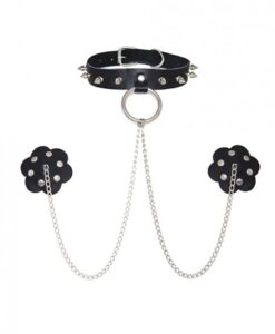 Burlesque Slave 4 U Chain Neck Choker Leather Reusable Silicone Nipztix - Black O/s