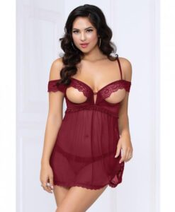 Lace & Mesh Open Cups Babydoll W/fly Away Back & Panty Wine Xl