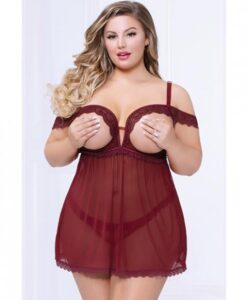 Lace & Mesh Open Cups Babydoll W/fly Away Back & Panty Wine 3x/4x
