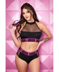 Vibes Pussy Power Micronet Paneled Halter Top & Cheeky Booty Short L/xl Black