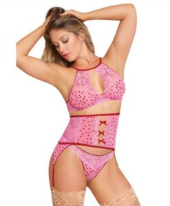 Magic Silk Tickled Pink High-neck Bra, Gartered Waist Cincher & Thong Set Pink S/m