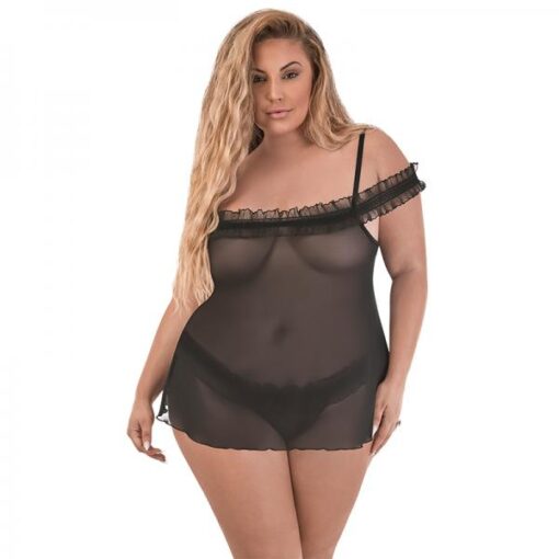 Magic Silk Ruffled Flyaway Babydoll & Split-crotch Thong Black Queen