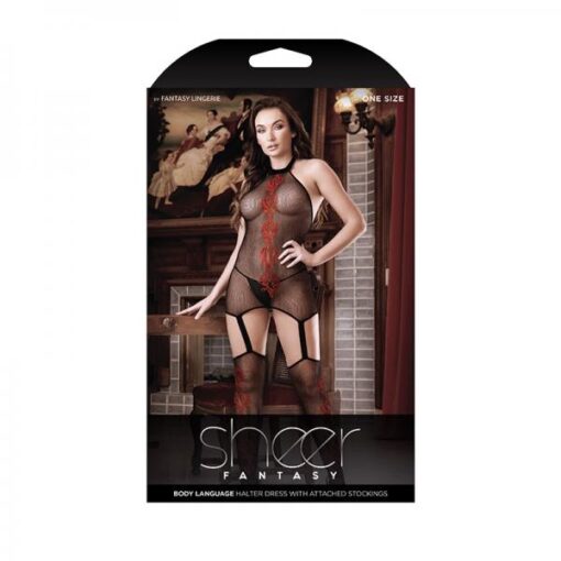 Sheer Body Language Halter Dress With Attached Stockings And Red Floral Design Black O/s