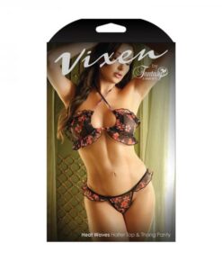 Vixen Heat Waves Floral Print Ruffled Bralette & Matching Thong Panty Black O/s