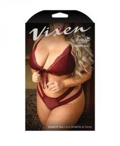 Vixen Good 4 You Lace Triangle Bralette & Matching Panty With Double-strap Waistband Burgundy Queen