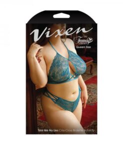 Vixen Teal Me No Lies Criss-cross Lace Halter Bralette & Matching Panty Teal Queen
