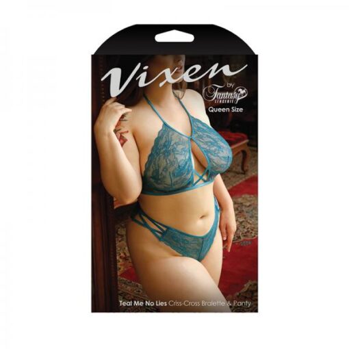 Vixen Teal Me No Lies Criss-cross Lace Halter Bralette & Matching Panty Teal Queen