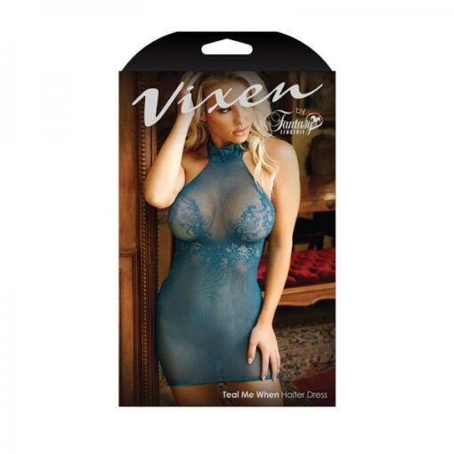 Vixen Teal Me When Halter Net Dress With Floral Lace Design Teal O/s