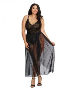 Dreamgirl Plus-size Stretch Lace Teddy & Sheer Mesh Maxi Skirt With Adjustable Straps & G-string Bla
