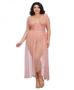 Dreamgirl Plus-size Stretch Lace Teddy & Sheer Mesh Maxi Skirt With Adjustable Straps & G-string Ros