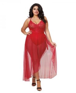 Dreamgirl Plus-size Stretch Lace Teddy & Sheer Mesh Maxi Skirt With Adjustable Straps & G-string Rou