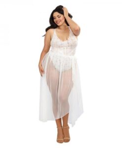Dreamgirl Plus-size Stretch Lace Teddy & Sheer Mesh Maxi Skirt With Adjustable Straps & G-string Whi