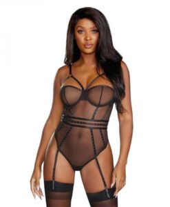 Dreamgirl Sheer Stretch Mesh Snap Crotch Teddy With Removable Garters Black Small Hanging