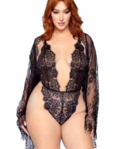 Floral Teddy Thong Robe 3pc 1x/2x Black