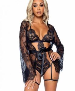 Eyelash Lace Garter Teddy 3pc Lg Blk