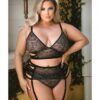 Tease Kelsey Criss Cross Metallic Lace Bralette, Garterbelt & Panty Black 1x/2x