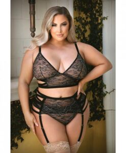 Tease Kelsey Criss Cross Metallic Lace Bralette, Garterbelt & Panty Black 3x/4x