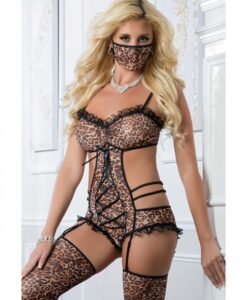 Teddy W/garters, Face Mask & Stockings Gold Leopard O/s
