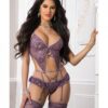 Garter Corset Teddy & Stockings Mauve Merlot O/s