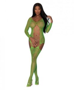 Seamless Fishnet Gartered Catsuit Lime O/s