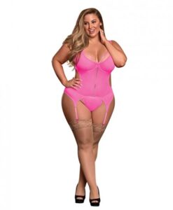 Sheer Mesh Merry Widow & Crotchless G-string Pink Qn