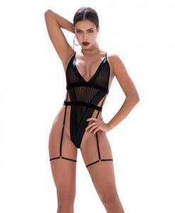Shadow Panel Bodysuit W/hook & Eye Crotch Closure & Attached Garters Black S/m
