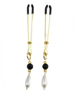 Bijoux De Nip Tweezer Nipple Clamp W/black & Gold Beads W/pearl - Gold