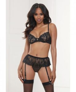 Valentine Embroidered Lace & Mesh Bra, Garter Skirt & G-string Black Xl