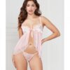 Satin Jacquard Dot Mesh Scallop Lace Babydoll & G-string Light Pink Lg