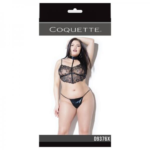 Lace Bra Top With Wetlook Bone Casing And Attached Choker Black Os Xl