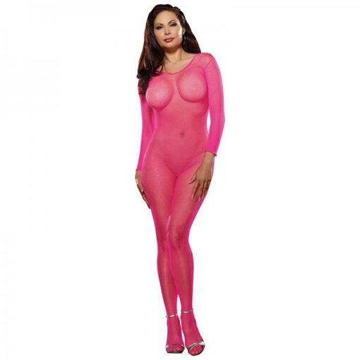 Dreamgirl Long-sleeved Fishnet Bodystocking With Open Crotch Neon Pink Queen