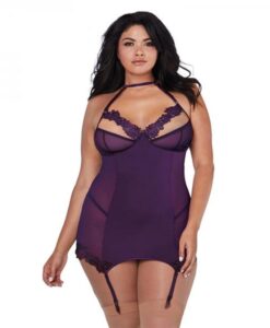 Dreamgirl Microfiber And Mesh Garter Slip With Underwire Shelf Bra Plum Queen