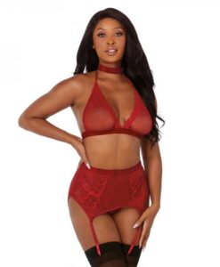 Dreamgirl Fishnet And Lace Four-piece Set With Stretch Velvet Trim Accents Garnet Os