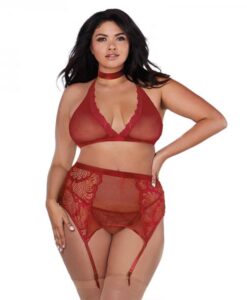 Dreamgirl Fishnet And Lace Four-piece Set With Stretch Velvet Trim Accents Garnet Queen