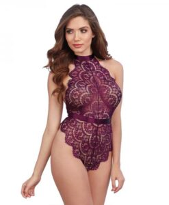 Dreamgirl Eyelash Lace Teddy With Halter Neckline And Low, Open Back With Adjustable Tie-back Ribbon