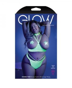 Glow Double Take Strappy Harness Open-shelf Bra & Cage Thong Neon Lemon Qs