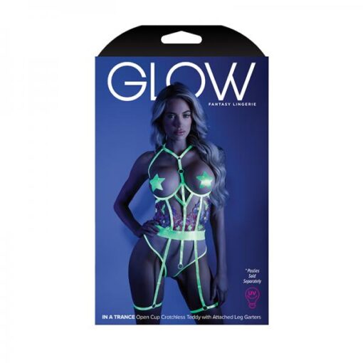 Glow In A Trance Floral Embroidered Open-cup Crotchless Teddy With Attached Leg Garters Neon Chartre