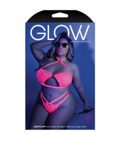 Glow Lights Off Lace Halter Bralette & Cage Panty Neon Pink Qs