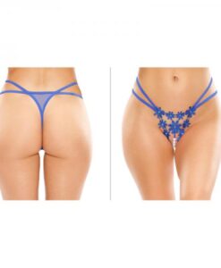 Aster Crotchless Strappy Flower Pearl Thong Royal S/m