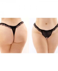 Flora Ruffled Lace Crotchless Pearl Thong Black Queen