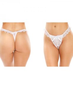 Flora Ruffled Lace Crotchless Pearl Thong White L/xl