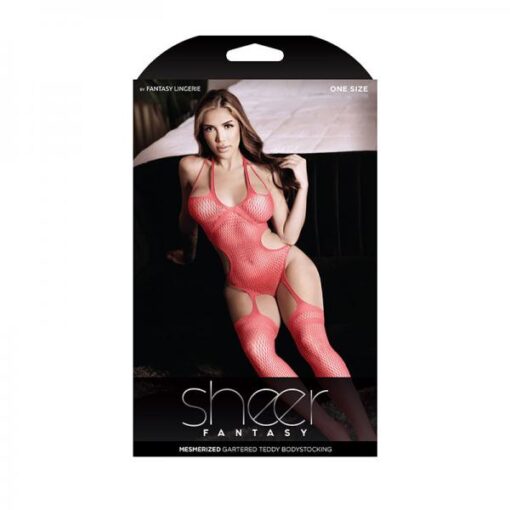 Sheer Mesmerized Gartered Teddy Bodystocking Sunset Coral O/s