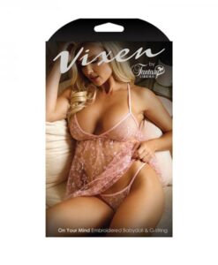 Vixen On Your Mind Embroidered Sheer Mesh Babydoll & G-string Panty Light Pink O/s