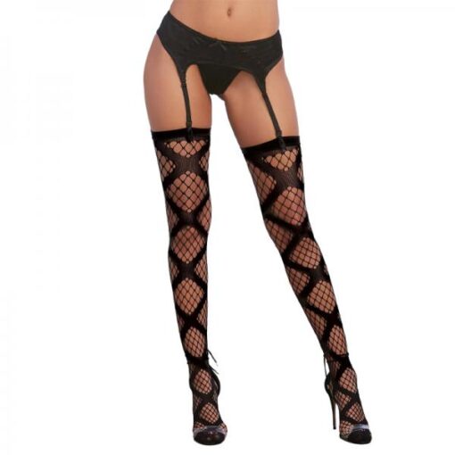 Dreamgirl Diamond-net Thigh-high Stockings With X Design Detail And Plain Top Black Os