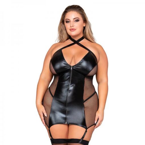 Dreamgirl Stretch Faux-leather And Fishnet Garter Slip Queen